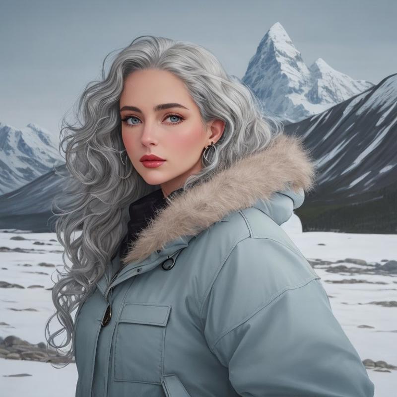 00715-3870666883-ubiquitous oil painting, Woolrich Arctic Parka, Mistress, Average Height, Firm, Triangular Face, Olive Skin, Silver Hair, light.jpg